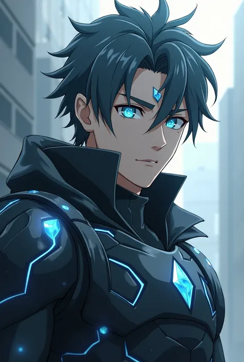 Handsome guy, gray skin, silver eyes and a gem on the forehead anime wearing a battle suit 