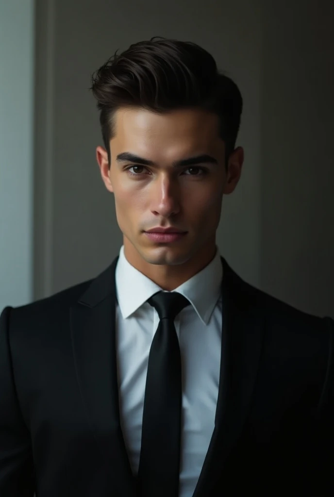 Young handsome man with a cold gaze wearing an elegant suit