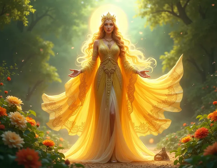  I want to create an image of the goddess Abundia; that represents, prosperity and wealth .  Where the color gold ,  yellow and orange and green .