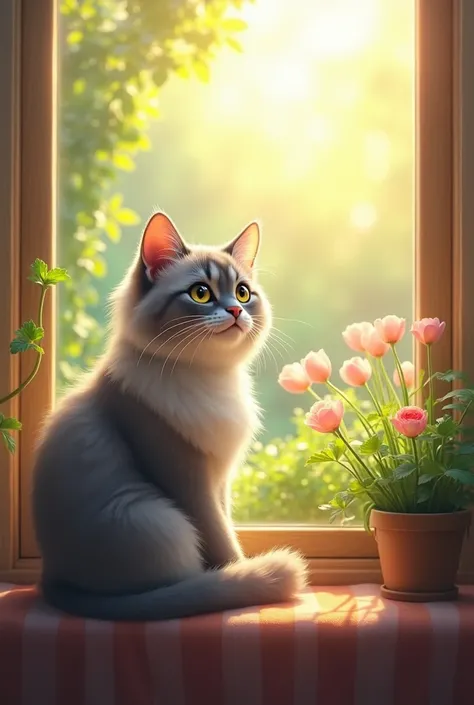 

"A beautiful, fluffy cat with expressive, bright eyes sitting on a cozy window sill, looking out at a sunny garden. The cat has a soft, silky coat with shades of gray and white, and a relaxed, calm expression. Sunlight streams through the window, casting...