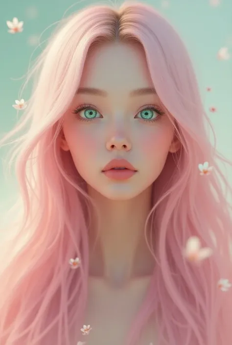  realistic, long hair, smooth, baby pink, Mint green eyes