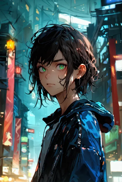 One young man、dark brown hair color 、 asymmetrical style hair、The hair on the left side is flowing behind the ear、 jade-colored sword of light 、Holding、Night City、 building standing on the edge、 is standing、Jade green eyes、 grim expression、blue stadium jac...