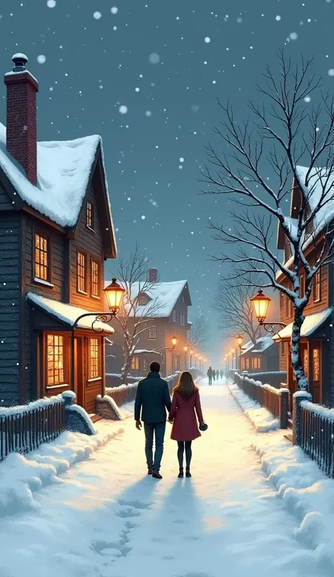 A simple, hand-drawn scene of a couple walking through a small town on a snowy night. Snowflakes fall gently around them, and soft streetlights glow warmly against the snow-covered ground. The drawing is faded, with soft shadows cast by the couple’s silhou...