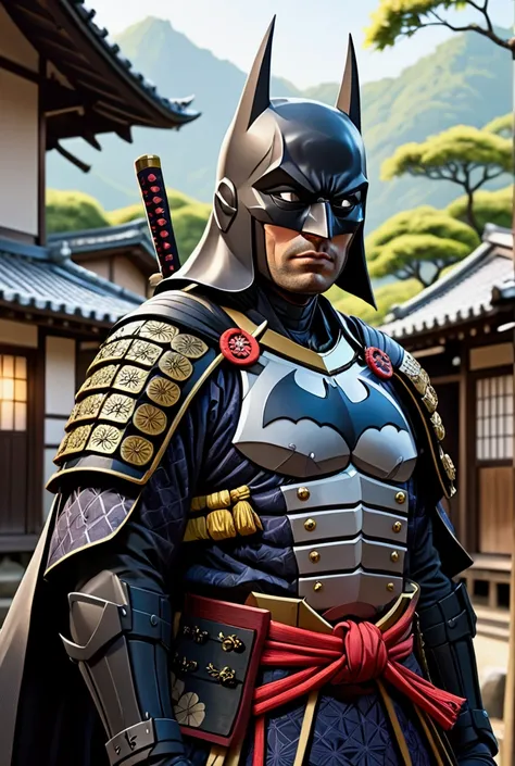 Batman dressed as a samurai in a Japanese village 