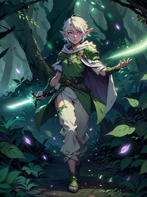 boy, forest gnome, young, short stature, skinny, small, short white hair, elf ears, purple glowing eyes, green leaf armor, purpl...