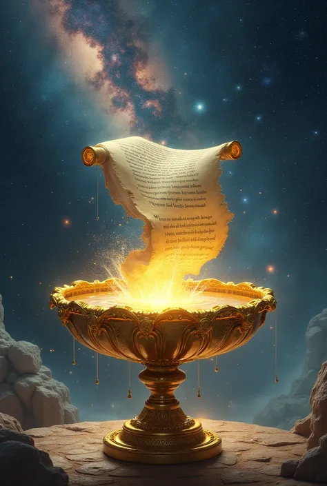  Cosmos background ,  scroll coming out of a golden bowl type fountain