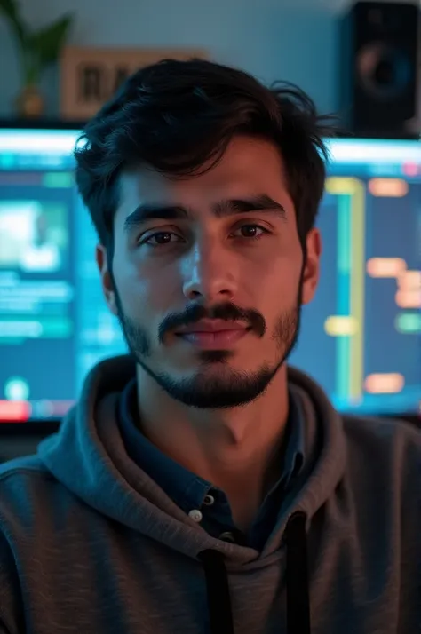 A photo of a Man of 21 years has been made and behind him a computer is seen running in the background and Badshah is written behind it.