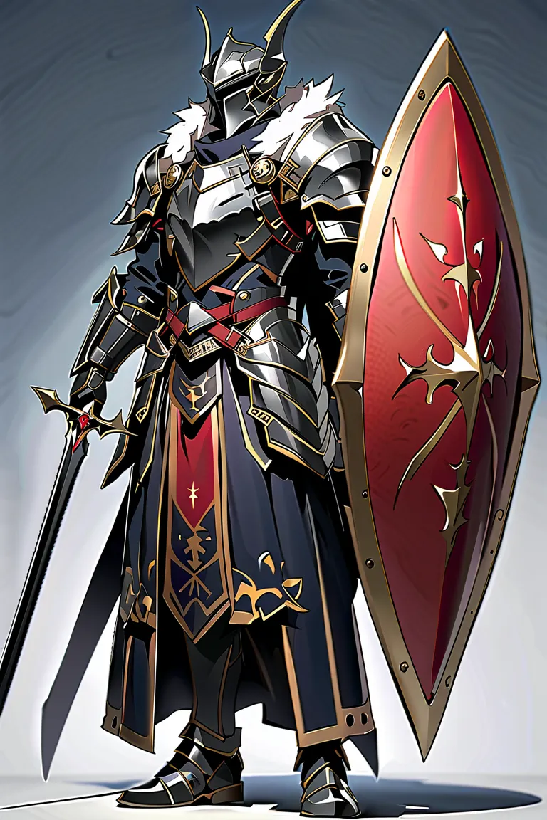 man,  fairy slayer , holy knight,wears heavy armor(black),holding a shield,,fur collar ,black披風 背景村莊鄉野路上, full body view , man, ...