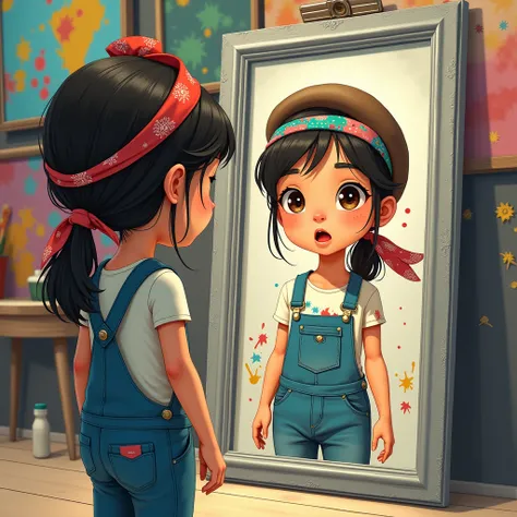 Illustrate a curious girl standing before a silver-framed mirror. The girl has a bandana in her hair and is wearing overalls with a t-shirt. In the mirrors reflection, she appears as a painter with a beret, palette, and paint-splattered clothes. The scene ...