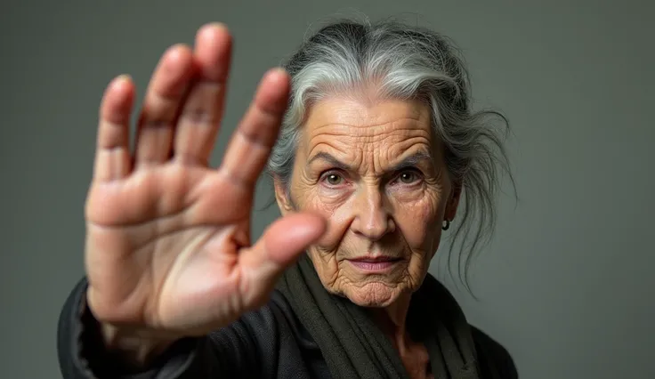 Create a realistic portrait of a 70-year-old woman, looking straight at the screen, raising her hand to make the "STOP" sign