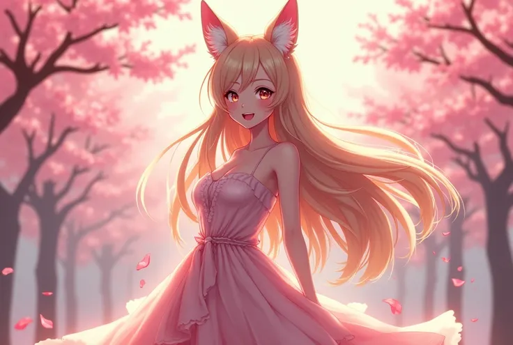 masterpiece, best quality, 1girl, elegant dress, warm color tones, volumetric lighting, ethereal, Long Hair, anime, Full body shot, sakura blossom trees, Fox Ears, Kemonomimi Mode, Fang, Smug, 