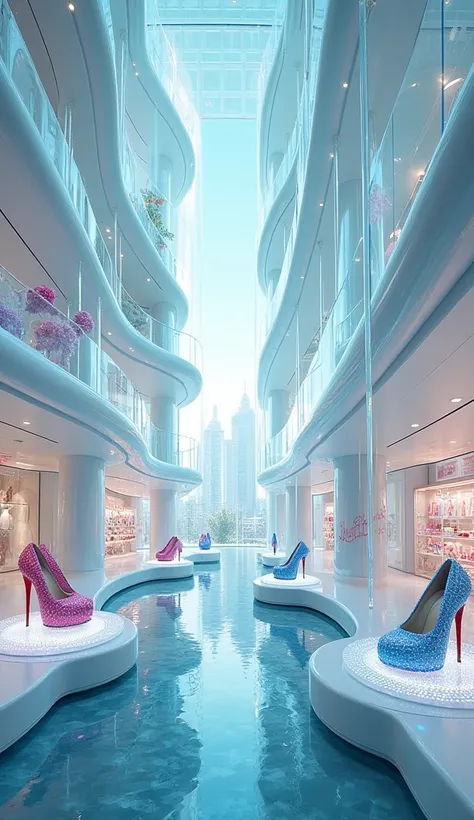  somewhere in the glass sky city ：Christian Louboutins store 。 has a Christian Louboutin sign and logo。 In-store design and decoration

 Crystal-sparkling floating shoe display {x} floating above the clouds exists as part of a futuristic city where everyth...