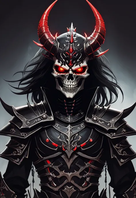 Appearance: Exterminus is a demon lord with a deadly and frightening appearance. He has pale skin and a skeleton-like appearance, with spiky black hair and glowing red eyes. He wears shiny black armor and a mask that covers the lower half of his face, 8k h...