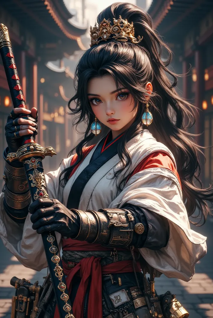 a samurai holding a katana, highly detailed, beautiful detailed eyes, beautiful detailed lips, extremely detailed face, longeyelashes, solo figure, dynamic pose, dramatic lighting, dark moody atmosphere, cinematic composition, intricate details, ornate kat...