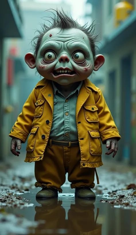 “Make a cute, small, fat, and adorable zombie with a chubby body and a big head. His hair is a little messy, and his body is in tatters, a yellow suit. The background is behind the laboratory, seeing his face in a puddle of water.