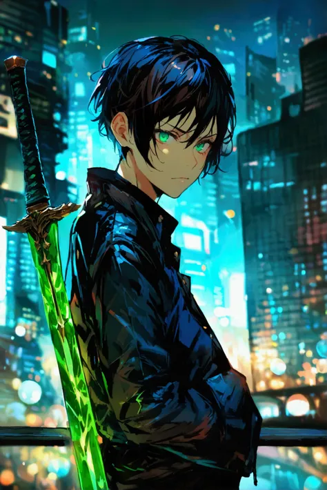 One young man、dark brown hair color 、The hairstyle is a symmetrical version of the asymmetrical style like Aqua Hoshino、The hair on the left side is flowing behind the ear、 jade-colored sword of light 、Holding、Night City、 building standing on the edge、 is ...