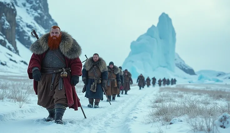 Eric the Red,redhead, red beard, leading a group of Vikings through a snowy landscape, navigating toward a new settlement in Greenland, his fur cloak billowing in the wind, dressed in heavy armor for the harsh climate, the group carrying supplies and trade...