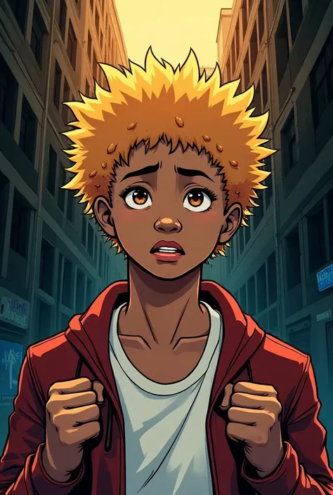 Illustrated comic book cover: The Shadow of Rejection, Bullying Carlos, a handsome boy with Afro-Albino hair, face discrimination because of his race 