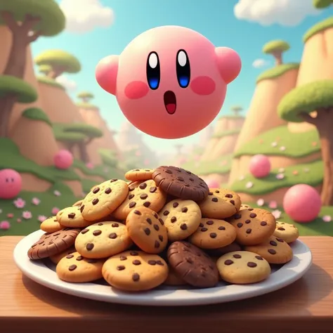 live-action, Ultra-detailed images, Real, Kirbys Dream Land a plate of meny cookies, (Kirbys Dream Land Mask :1.3),