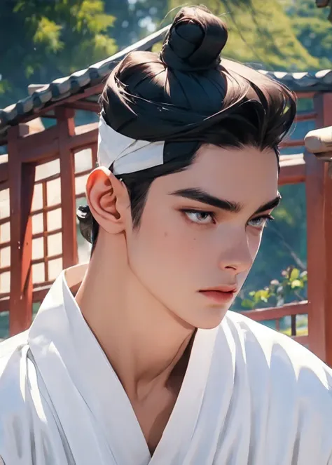 handsome youngman,apsara,ornamental hairpin,concubine,white traditional Korean clothing,sexy,muscular,sharp eyes,datailed face,twink, handsome, topknot, see-through headband, one man,natural gaze, full torso,Hanok garden,ultra realistic,ultra-detailed,(bea...