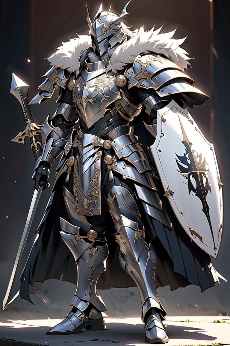 man,  fairy slayer , holy knight,wears heavy armor(black),holding a shield,,fur collar ,black披風 背景村莊鄉野路上, full body view , man, ...