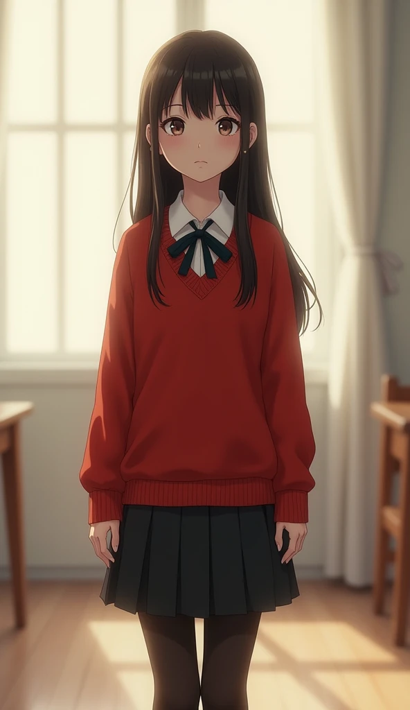  girl in school uniform, red sweater ,  black skirt with black pantyhose