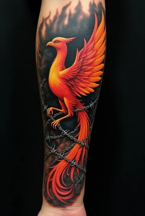 Phoenix tattoo with barbed wire on the arm