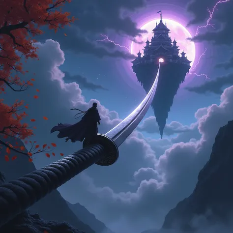 masterpiece,  The large sword stretches diagonally across the illustration from the front to the castle in the sky、The large sword acts like a bridge 、 the blade has reached the entrance to the castle、The large sword looks like a Japanese sword、The castle ...