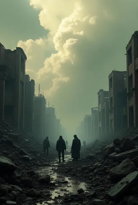 A haunting image of Hiroshima in ruins, with buildings destroyed and smoke filling the air, symbolizing the aftermath of the atomic bomb, and people searching for shelter.