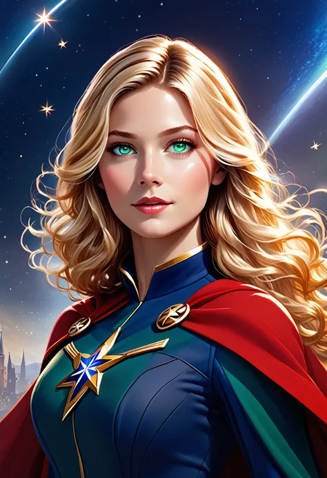 clara has long, wavy blonde hair, green eyes, and fair skin. she wears a blue and red uniform, with a star on her chest, and has...