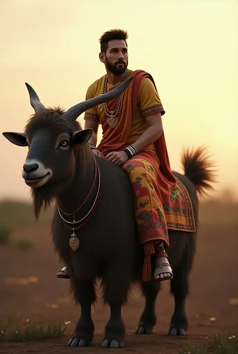 I want a picture of goat .  On which messi is sitting. The goat must be releastic like having hair on face. Densed hair on tail. Messi should be wearing indian culture cloth.In background it should be mid evening scene with little lighting in sky and norma...