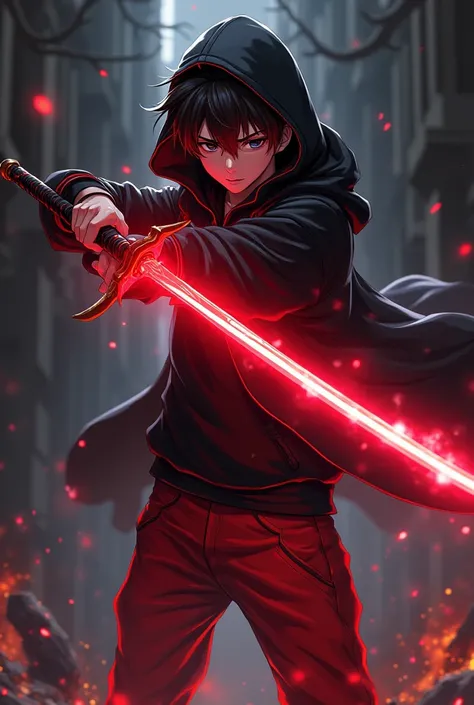 Japanese anime: young exorcita wearing a black hoodie, red pants and a red sword emanating light