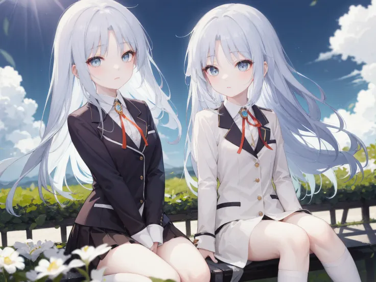 She is a charming girl，She has flowing silver hair ， expressionless face ， in a school uniform made of a dress and blazer ，A fitted jacket over her shoulders 。 Her bright eyes sparkle under the clear blue sky，On sunny days，Fluffy white clouds drifted lazil...