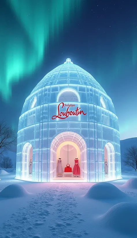 1.  the overall view of the world

 Christian Louboutins store that looks like a palace made of ice and snow。 Christian Louboutin signs and logos 。 The store is covered with a translucent ice dome 、 it emits transparency and brilliance like an ice palace 。...