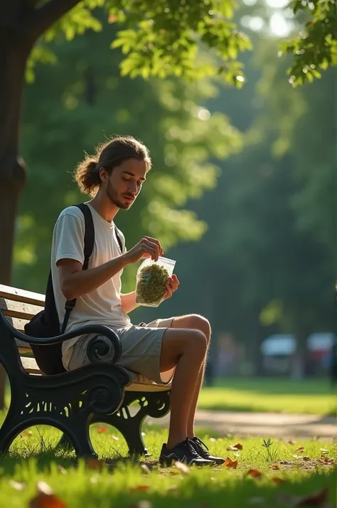 One afternoon a person standing next to a bench in the park playing with a bag of marijuana