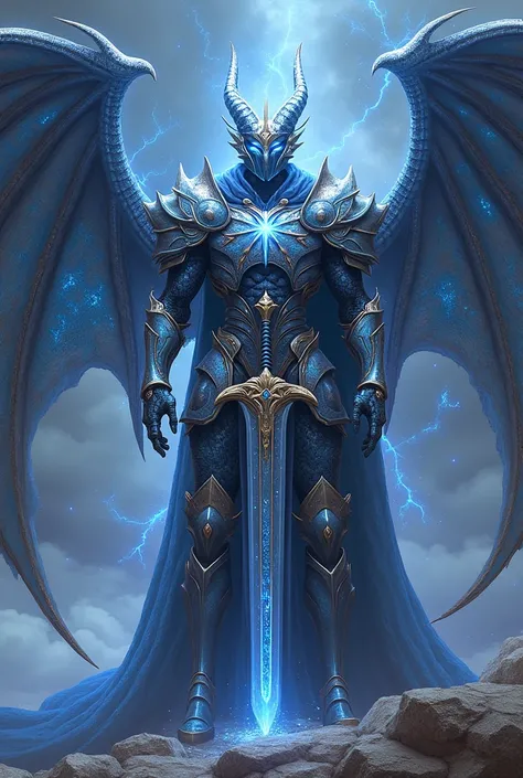 A towering character with dragon wings, scales that shimmer like galaxies, and armor forged from meteoric iron. This hybrid combines the nobility of a knight and the primal power of a dragon, with a greatsword that channels starlight.
