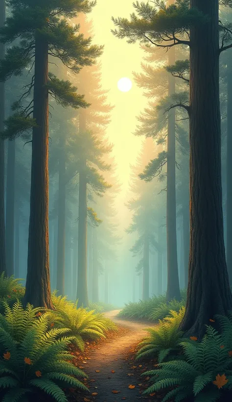 A misty forest scene at dawn, with tall pine trees fading into the distance. Rays of sunlight pierce through the trees, casting a warm glow on the forest floor covered in ferns and fallen leaves. The drawing has delicate shading and a soft, watercolor-like...