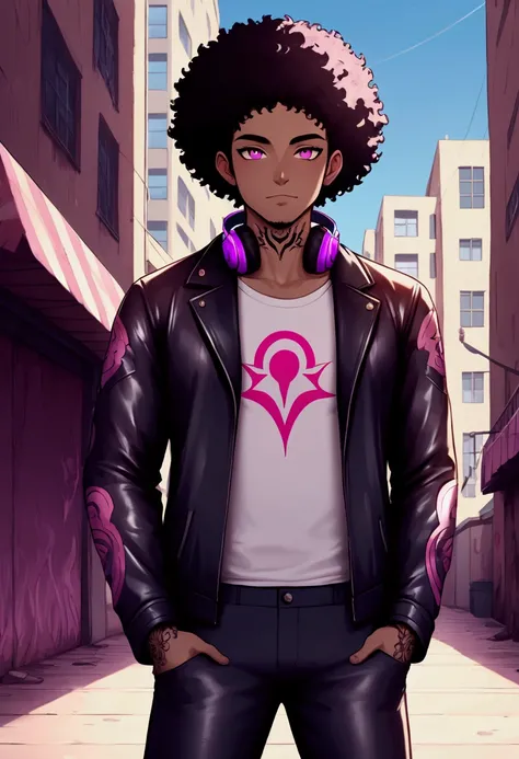 ((Post Apocalyptic World))dark skin guy with an faded haircut wearing black jacket and headphones, magenta eyes, tattooos on neck, gamer headset, goatee, handsome black man, trigger anime artstyle, [[[[grinning evily]]]], portrait of ((mischievous)), , mal...