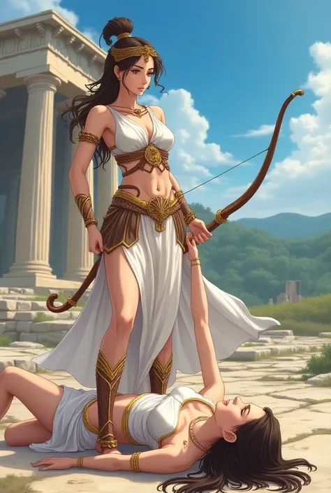 It generates an image of Athens lying on the ground knocked out and defeated by and with Artemis standing in front of her resting her foot on Athenas womb as a sign of victory that the image has an anime style