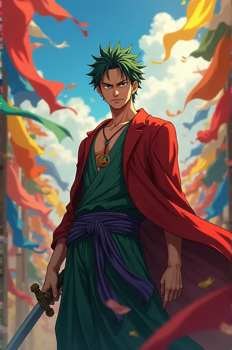 Add Buddhists flag in background and in front add Zoro make it as dp 