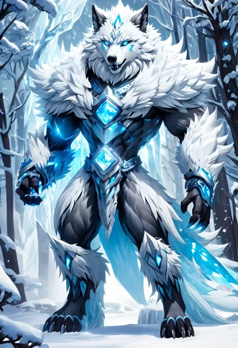 Appearance: Frezzatitan is an ice titan with a wolf-like appearance. He has a white and light blue coat with bright blue eyes, 8k high definition