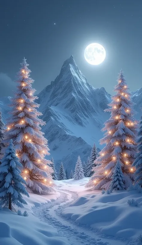 Snowy Mountains with white Christmas tree in both side in dark mode