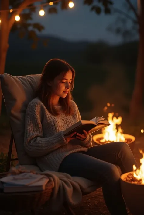  girl, around , reading a book in a cozy outdoor setting near a firepit. The fire casts a warm, golden glow as the girl sits on a comfortable lounge chair wrapped in a blanket. Surrounding her are soft string lights hanging from trees, creating a peaceful,...