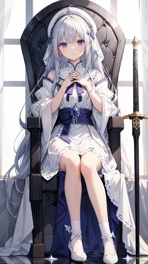 A medium sized anime girl sitting on a throne， wearing a white dress ，The skirt is decorated with precious stones， with a cross sword in her hands 。 Her long white hair scattered over her shoulders ， A beautiful headwear on her head ， adds a touch of warmt...