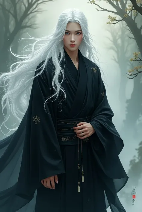 . . . A fictional image of a handsome young man with long white hair, bluish silver eyes, shiny white skin and a natural body. He has an indifferent expression and is 205 cm tall and wears black robes in the Chinese fantasy painting style 