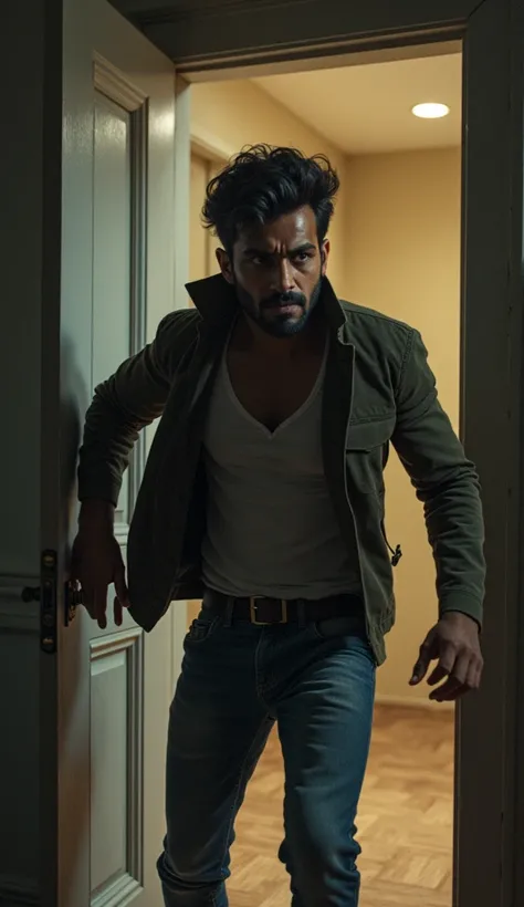 "Ajay rushes out of the room and slams the door shut with all his strength. He looks relieved but shaken, glancing back to ensure the door is closed tightly behind him."