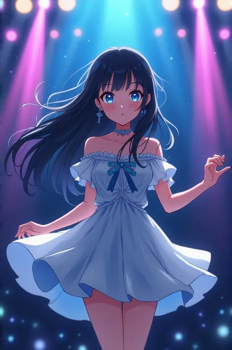 Create an image of a blue-eyed girl with long black hair in anime style performing on stage