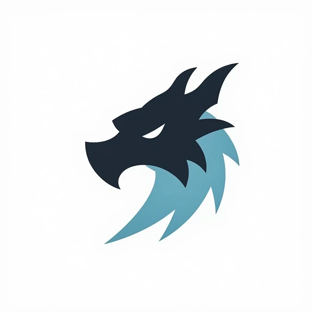 Logo with a white background with a dragons head, simplified style, in black and light blue 