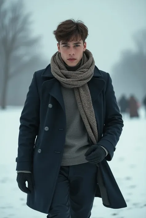 Portrait of a young man walking sideways
winter coat and scarf