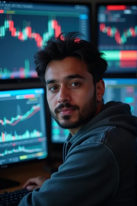 A photo of a Man of 16
years has been made and behind him a computer is seen running in the tradeing setup background and Badshah is written behind it.